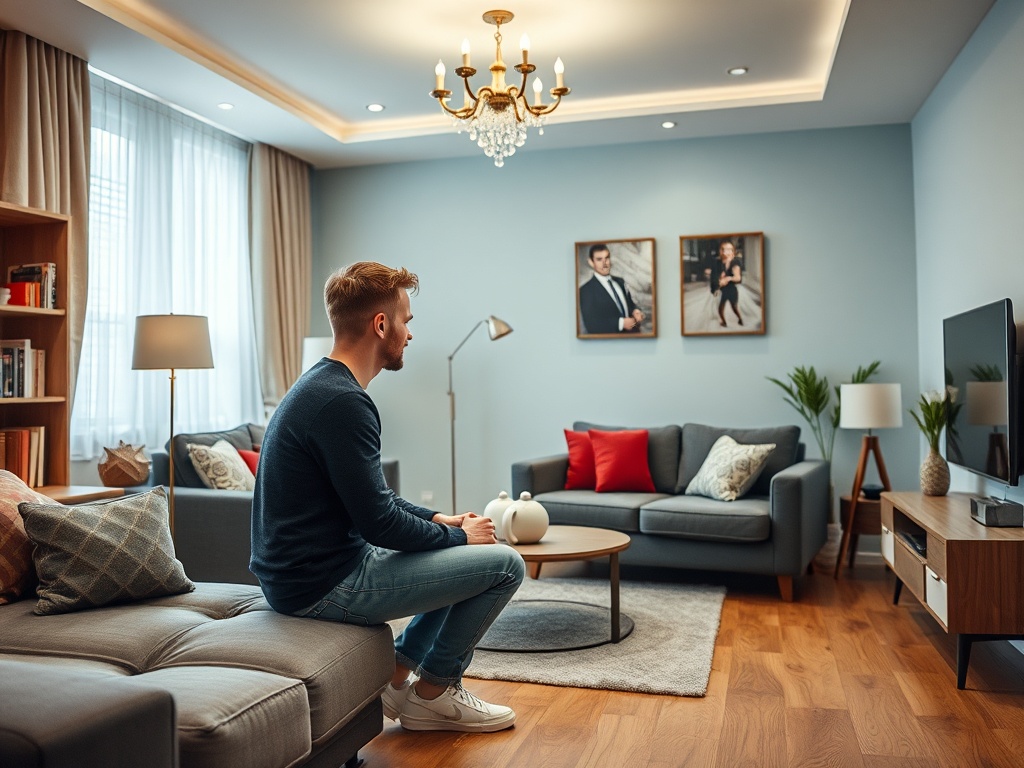 Молодой человек сидит в уютной гостиной с современным интерьером и картинами на стенах. Светлый и стильный.