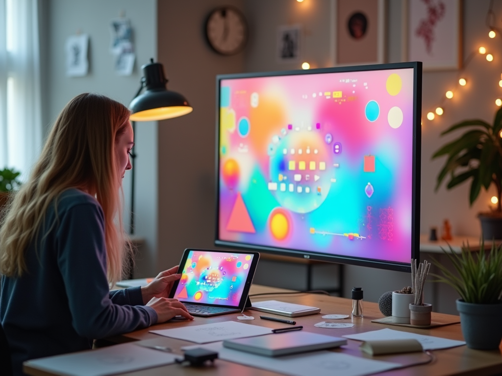 Женщина работает за столом, используя планшет и монитор с ярким абстрактным фоновым изображением.