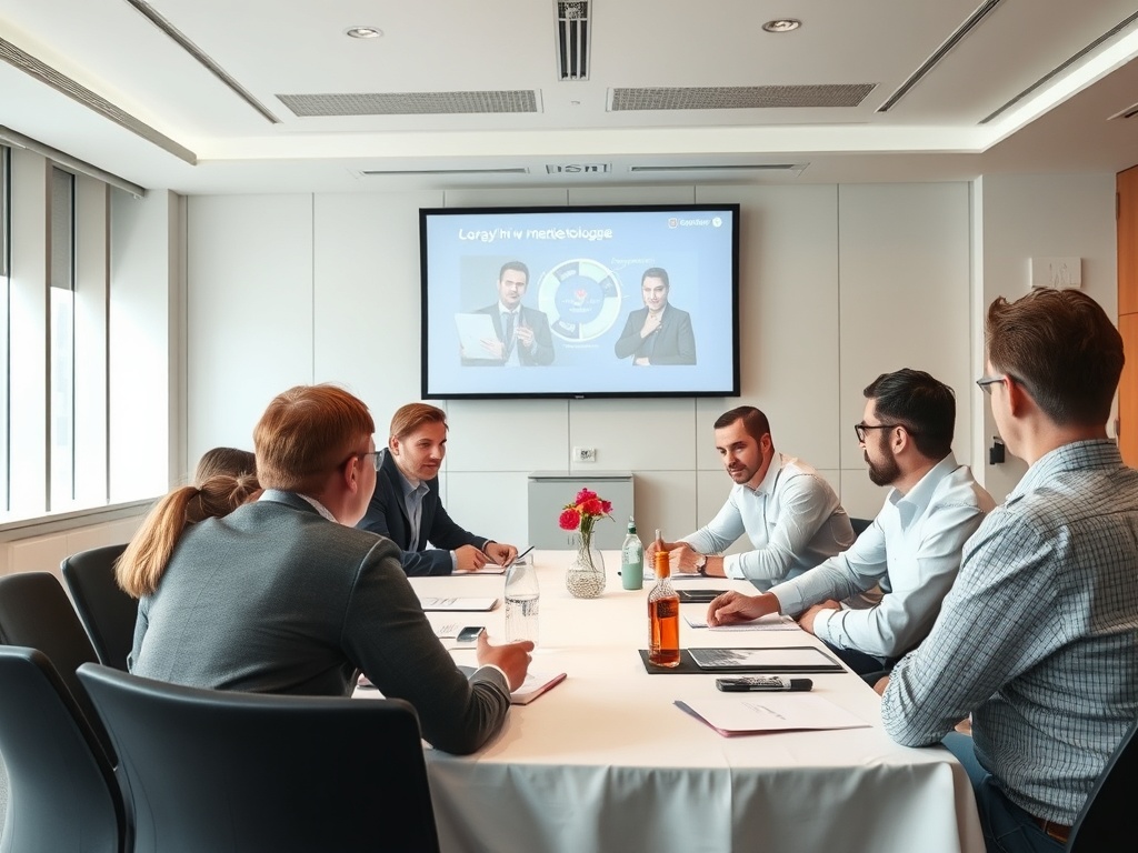 Встреча в конференц-зале: участники обсуждают проект перед экраном с презентацией. На столе вода и цветы.