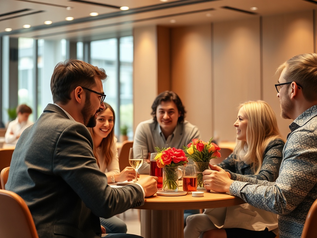 Группа людей за столом в уютном кафе, наслаждаются беседой и напитками, на столе цветы.