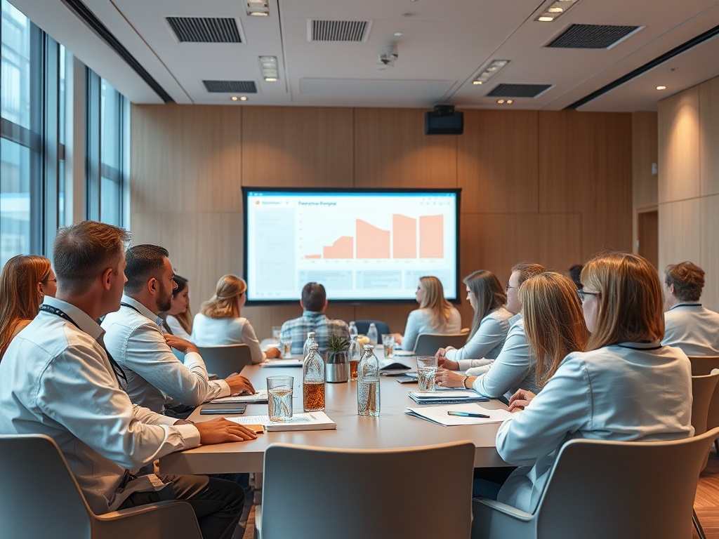 Группа людей на встрече смотрит на экран с графиками в современном офисе. Обсуждение бизнеса.