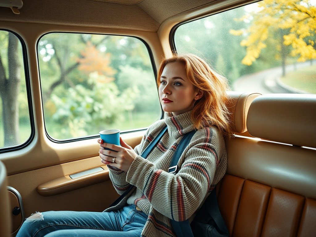 Молодая женщина с чашкой кофе сидит в машине, глядя в окно на осенний пейзаж.