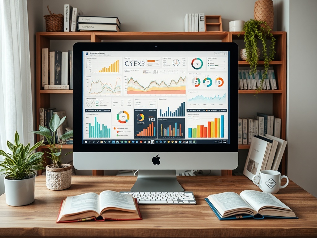 На столе стоит iMac с графиками, рядом книги и чашка. Фон — полки с документами и растениями.
