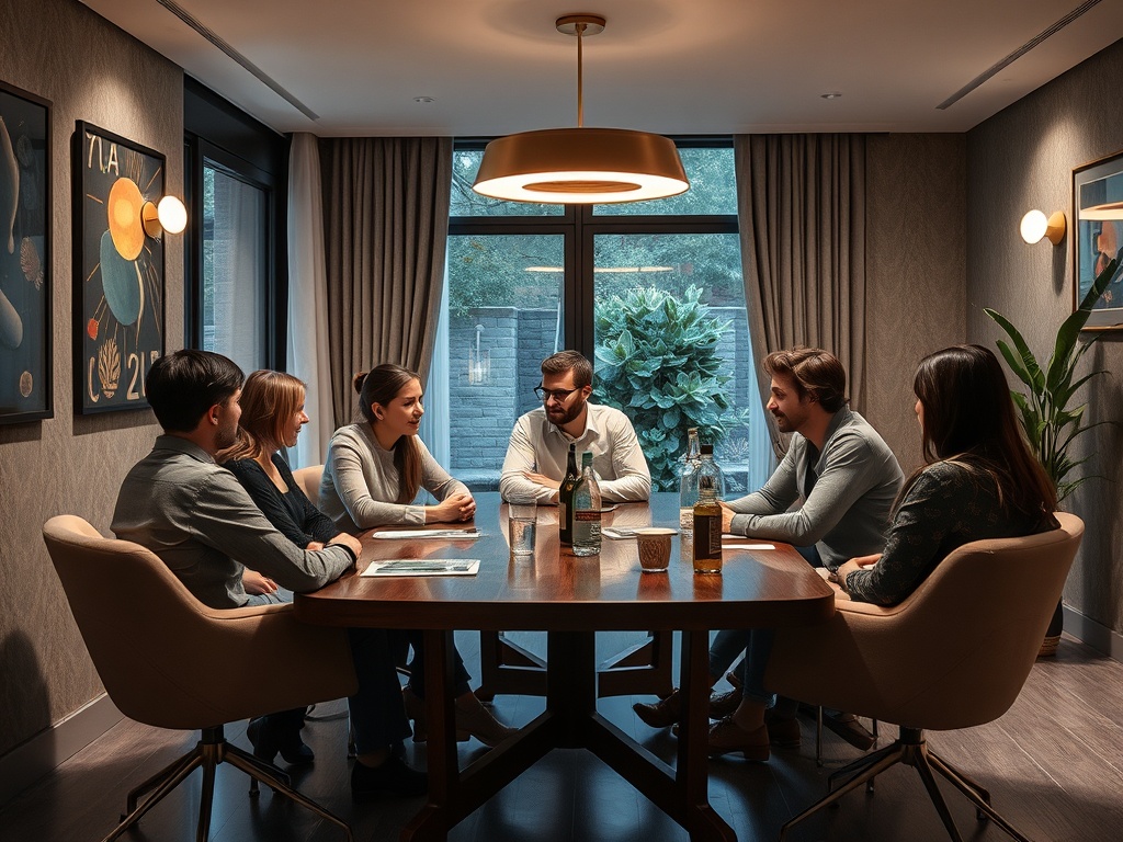 Группа людей обсуждает что-то за столом в современном офисе, на фоне настенных картин и растений.