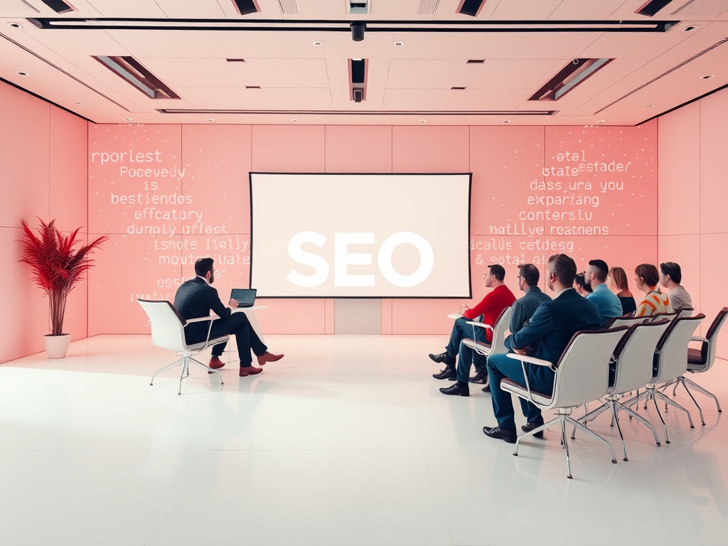 На презентации по SEO группа людей слушает выступление, а на экране крупными буквами написано "SEO".