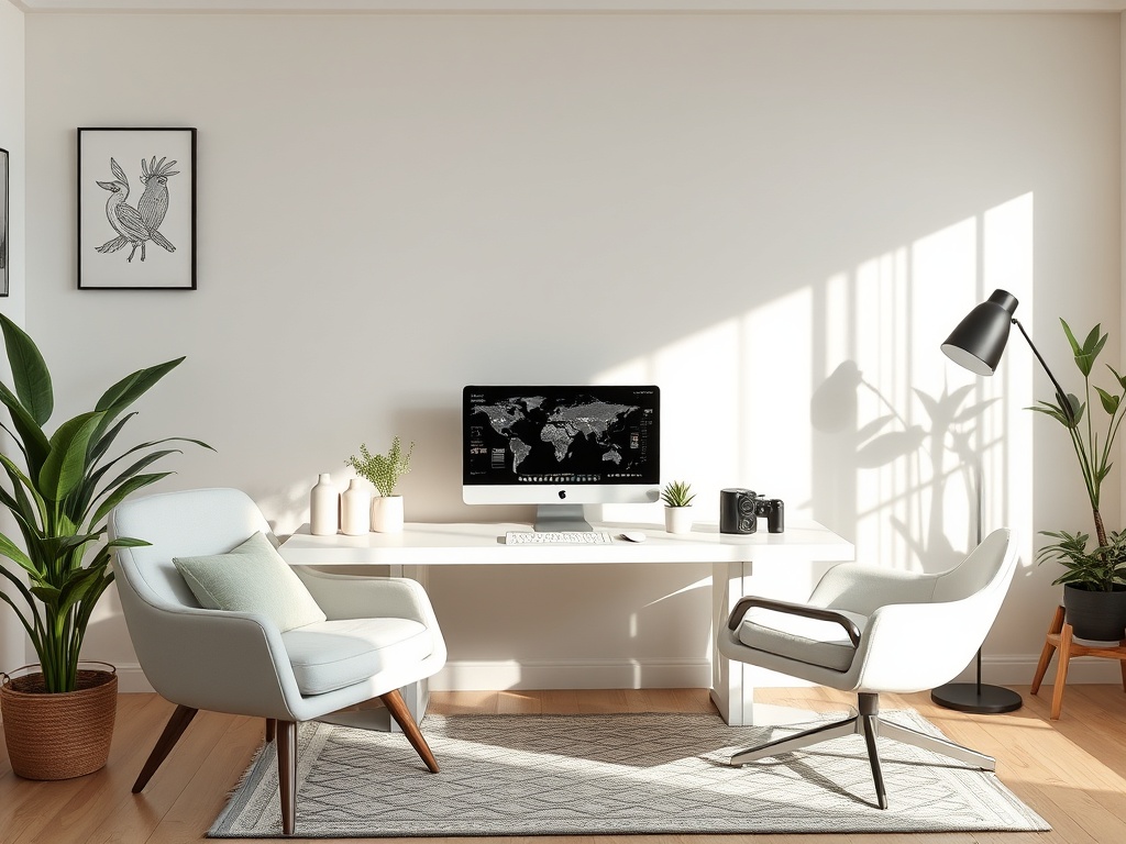 Светлый офис с белым столом, современными стульями и растениями, освещаемый солнечным светом.