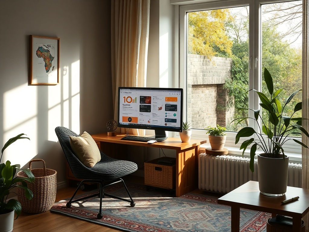 Уютный уголок с компьютером, креслом и растениями, яркий солнечный свет проникает через окно.