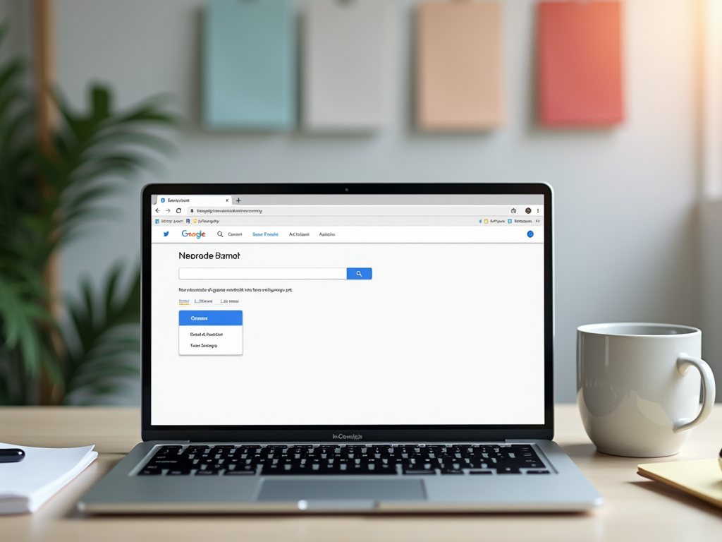 Ноутбук на столе с открытой страницей Google и чашкой кофе рядом. На экране текст "Neorode Bamot".