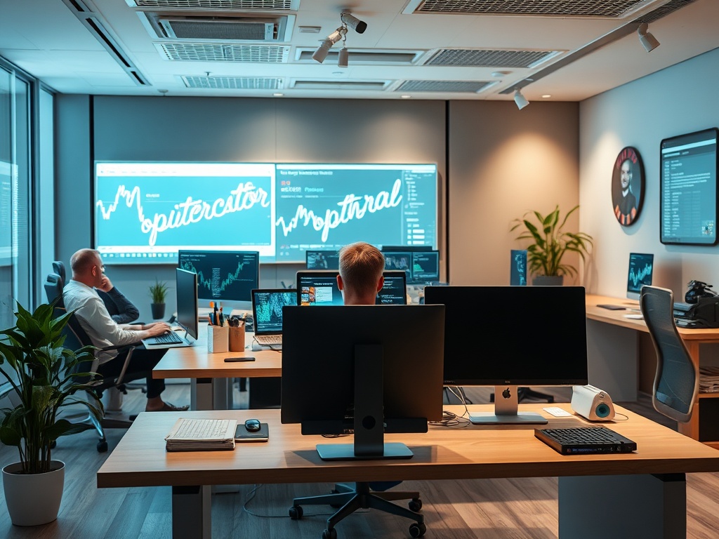 Современный офис с двумя сотрудниками, работающими за компьютерами, и графиками на экранах.